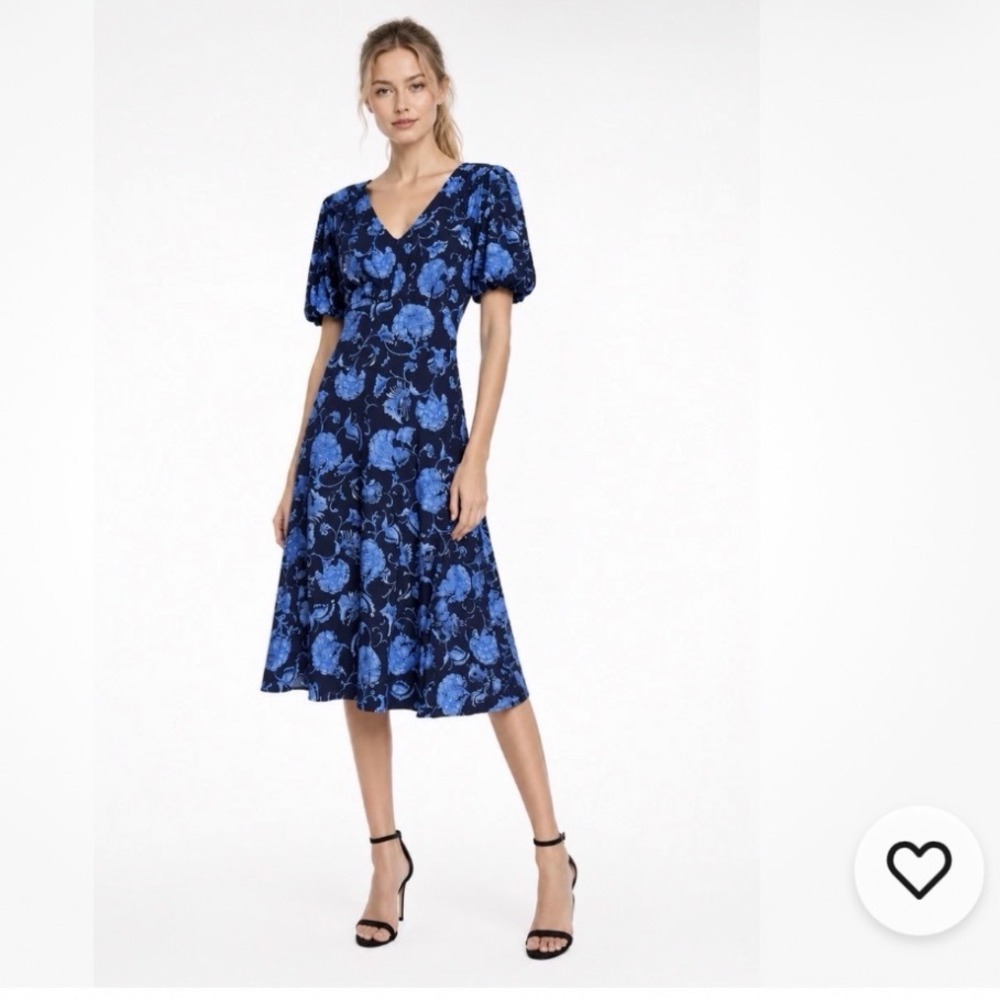 Harper Rose Midi Dress Women Size 14 Navy Multi Floral Puff Sleeve V-Neck NEW